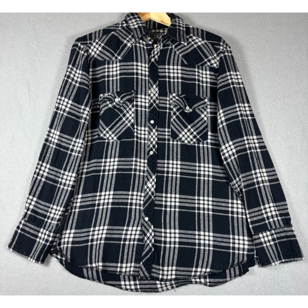 Cactus Flannel Mens Button Up Shirt Black White Plaid Long Sleeve Workwear M